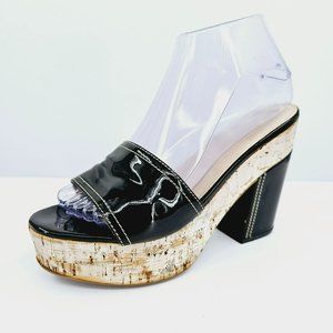 Prada Mules Block Heels 7 Black Patent Leather Cork Platform Slides Colorblock